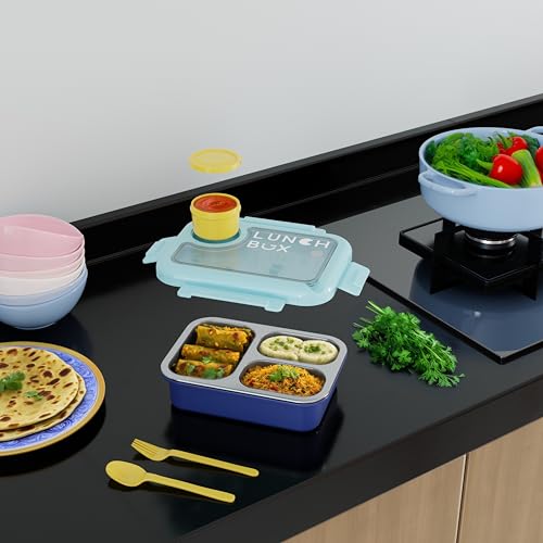 Image of 3 Compartment Stainless Steel Lunch Box for Kids & Adults, Steel Bento Tiffin with Cutlery, Leakproof BPA Free Lunch Container for School Office Travel (Blue)
