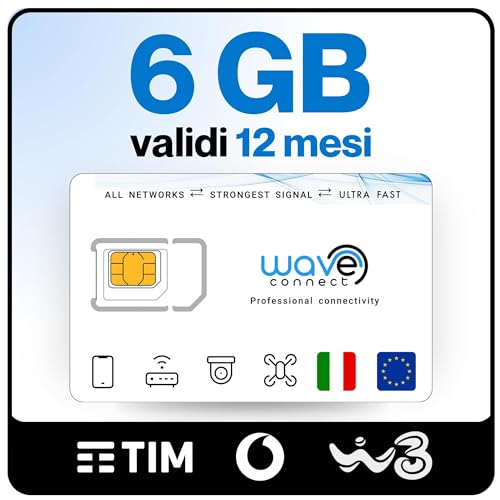 Wave Connect 6 GB | 12 Mesi – SIM Solo Dati Tripla Rete (TIM, Vodafone, WindTre), 4G/5G, Prepagata, Attiva al Primo Uso, Italia e UE, per IoT e Telecamere