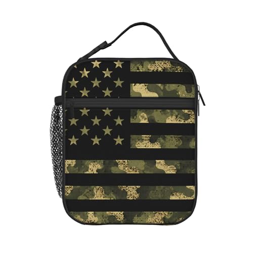 PrelerDIY Camouflage American Flag Lunch Box - Camo Insulated Lunch Bags for Women/Men/Girls/Boys Detachable Handle Lunchbox Meal Tote Bag