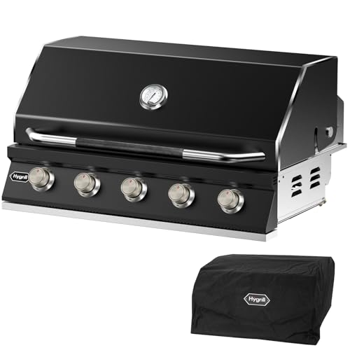 Hygrill STD Series 40-Inch Built In Grill for Liquid Propane, Stainless Steel Outdoor Kitchen 5-Burner Grill Head, Black