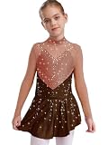 TiaoBug Vestidos De Baile Patinaje Artístico para Niñas Maillot Manga Larga con Malla Transparente Leotardo De Gimnasia Traje De Baile Competición Marrón 9-10 años