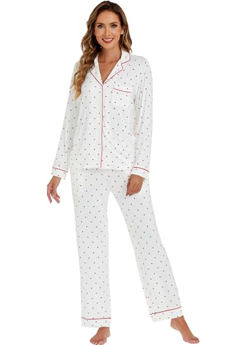 Image of LUBOT Womens Bamboo Viscose Pajamas Set 2 Piece PJs Set for Women Buttery Soft Button-Down Long Sleeve Cozy Printed Sleepwear Loungewear (Red Heart, S)