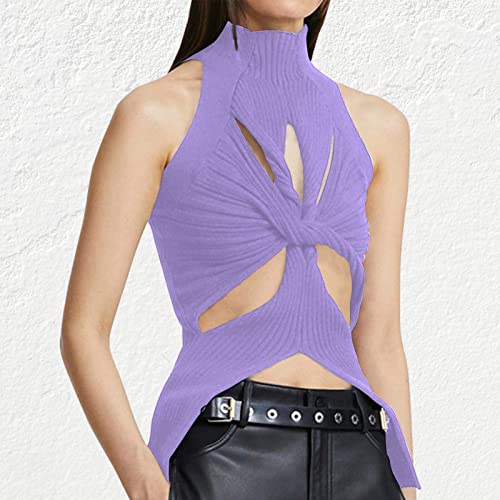 Image of Women Strapless Crop Top Sexy Hollow Out Twist Front Knitted Tank Tops Sleeveless Y2K High Neck Cut Out Sweater Vest
