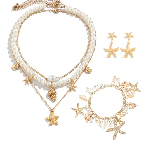 JDRGJTH 3PCS Mermaid Accessories Women Seashell Starfish Jewelry Set,Gold Seashell Starfish Necklace Bracelets Earrings,Boho Seashell Summer Beach Jewelry Costume Accessories