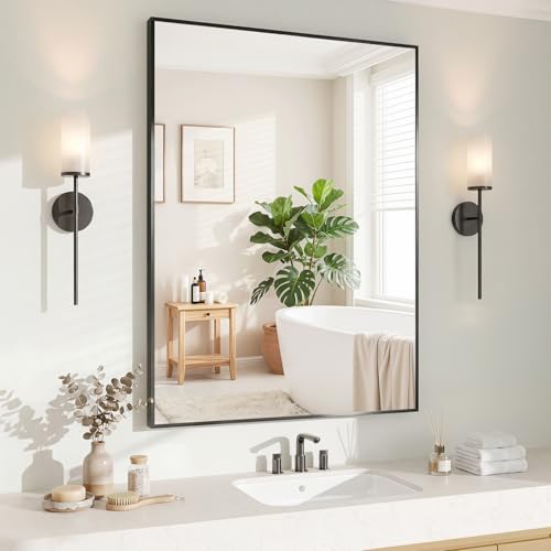 Image of Koonmi Black Rectangle Wall Mirror, 24x32 Inch Bathroom Mirror, Aluminum Frame Vanity Mirror for Entryway, Living Room, Bedroom Bathroom, Hangs Horizontally or Vertically