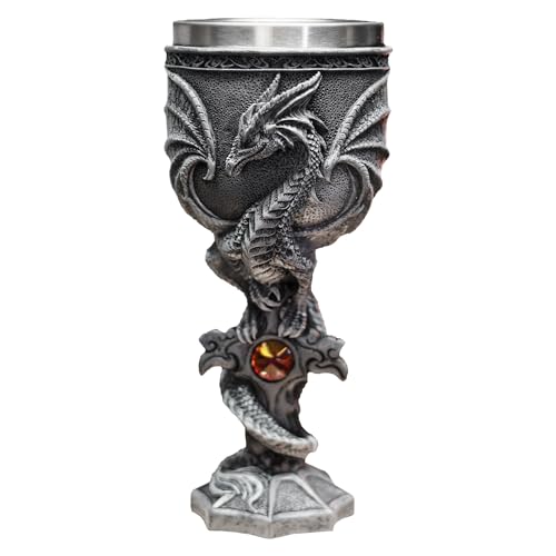 JIUMOZHI Medieval Dragon Cross Sword Goblet Stainless Steel Inlaid Resin Hand-painted Creative Party Wine Glass Holiday Birthday Gift (Silver)