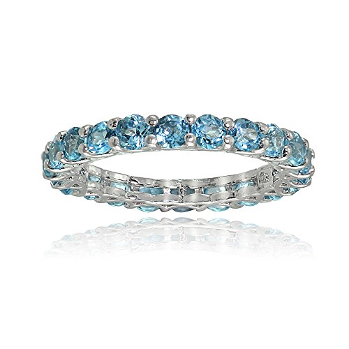 Ice Gems Sterling Silver Swiss Blue Topaz 3mm Round-Cut Eternity Band Ring