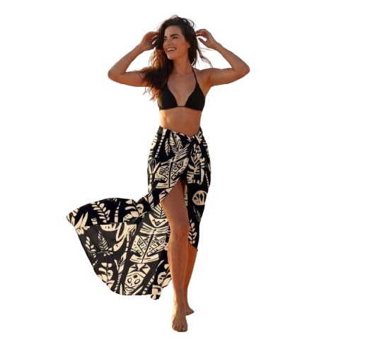 wirkqeez Beach Sarong Wrap for Women, Black and White Tropical Leaf Printed Bikini Swimsuit Cover Up, Elegant Long Chiffon Swimwear Skirt, Hawaiian Summer Resort and Vacation Wrap Dress-picture-52