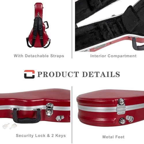 Crossrock A-Style Mandolinenkoffer | ABS-Hartschalenkoffer mit Sicherheitsverschluss, Metallfüßen und abnehmbaren Gurten – Rot (CRA862MARD)