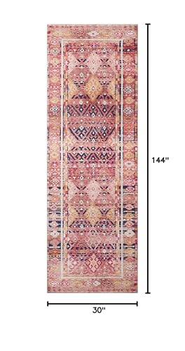 Loloi Layla Collection LAY-15 Magenta/Multi 2'-6" x 12'-0" .13" Thick Runner Rug, Soft, Durable, Vintage Inspired, Distressed, Low Pile, Non-Shedding, Easy Clean, Printed, Living Room Rug
