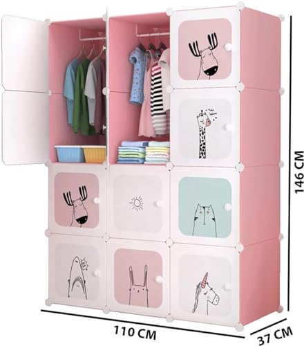 Image of Kids Plastic Modular Wardrobe Storage Cabinet | DIY Clothes Organizer Closet for Children | Multi-Compartment Foldable Storage Cupboard with Hanging Space | Pink Cartoon Design