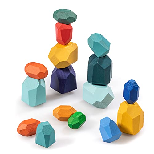 digitCUBE naturling Balancier Stapelsteine - Montessori Holzspielzeug handgemacht - 16 Bunte Holz Spielsteine für Kinder & Erwachsene
