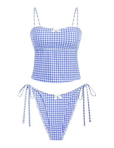 seamoly Womens Tankini Sets Sexy Open Back High Cut Cheeky Bikini Two Piece Swimsuit 2 Piece Bathing Suits Sky Blue Gingham S