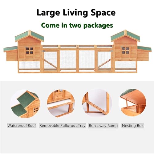ECOLINEAR 160\" Large Chicken Coop, Waterproof Outdoor Hen House for 6-8 Chickens, Wooden Chicken House with Nesting Box, Removable Tray, PVC Cover, Run, for Garden Backyard Cage