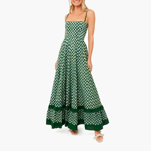 Women Long Beach Dress Sleeveless Spaghetti Strap Checkerboard Print Flowy Dress Midi Slip Dress3
