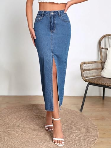 Image of Shasmi Women's Elegant Blue Solid High Waist Split Thigh Denim Maxi Skirt for Women's & Girl's (Skirt 180)
