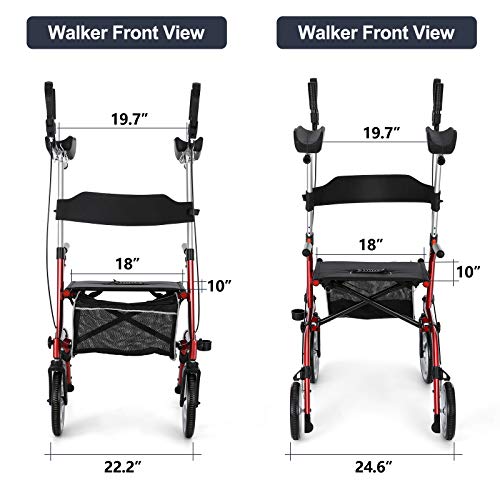 Rinkmo Upright Rollator, Upwalker Lite for Seniors and Adults Stand Up Folding Rollator Walker with Seats and 10” Wheels, Padded Armrest and Backrest, Tall Rolling Mobility Walking Aid with Basket,Red - Thumbnail 7