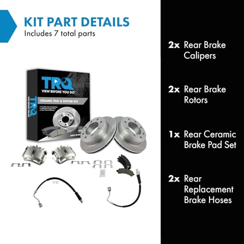 Image of TRQ Brake Pad, Caliper, Hose, & Rotor Kit Ceramic Compatible with 2003-2010 Chevrolet Express 2500 2011-2012 Express 3500 GMC Savana 2500 2007-2012 Savana 3500