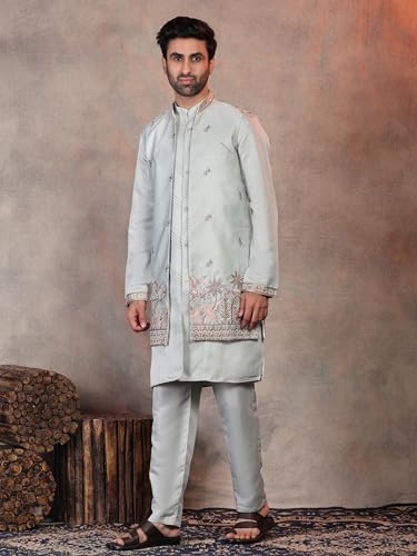 Image of Pro-Ethic Style Developer Men's Silk Embroidered Indowestern Sherwani Style Kurta Pant with Long Jacket wedding Outfit for Men (C-141)