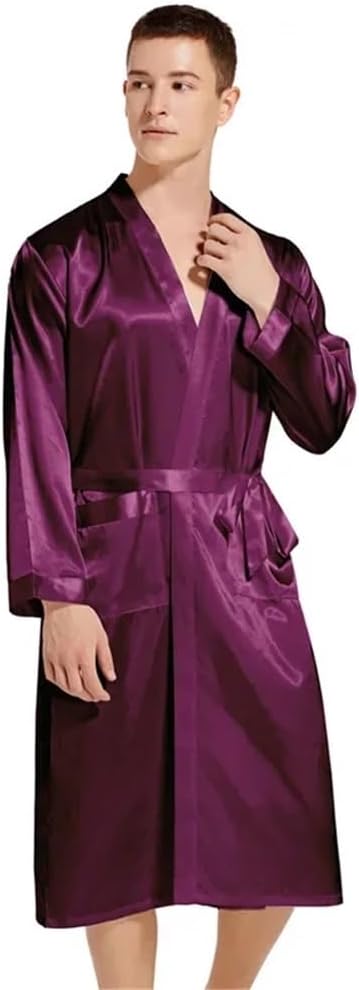 メンズ ロングローブ フェイクシルク ソフト ホームバスローブ プラスサイズ ナイトガウン 無地 ゆったり ホームウェア サテン パ