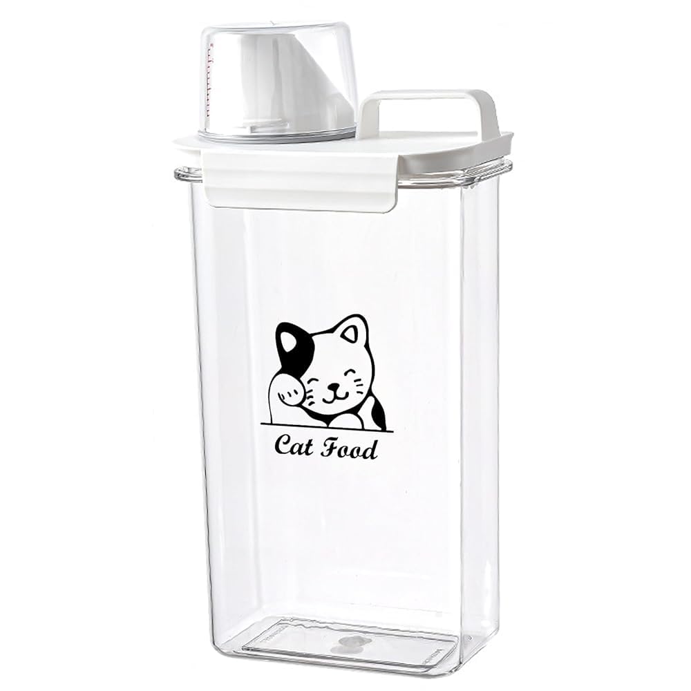Geyecete - Contenedor de comida para gatos, 2,5 L, contenedor de croquetas de plástico transparente, caja hermética con taza medidora, portátil para viajes, libre de BPA
