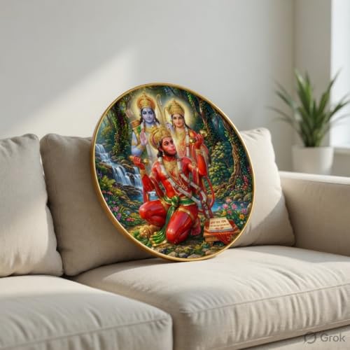 Image of SAF Ram Sita with Hanuman Wall Art with PVC Round Frame | Sparkle Laminated Lord Ram Sita Hanuman Devotional Painting | Spiritual Wall Decor for Home Temple Living Room Gift Item