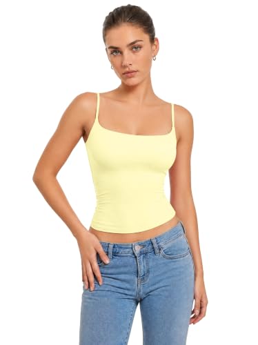 Women Tank Tops Summer Y2k Going Out Black Sexy Square Neck Basic Slim Cami Shirt Cute Tops Trendy Sleevess Beach Vacation Clothes(Yellow,XL)