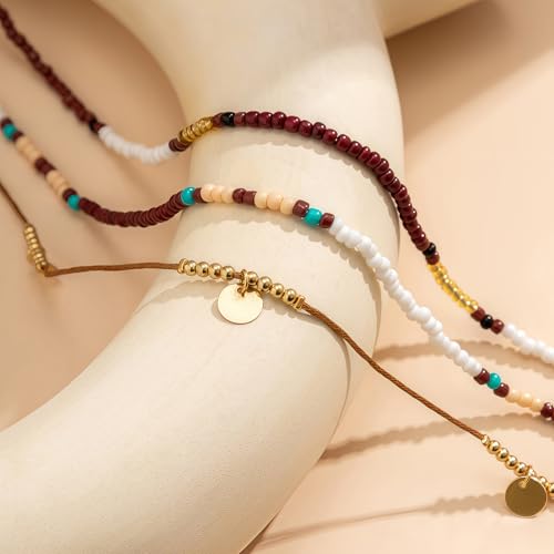 Image of Qceasiy Bead Ankle Bracelets Set For Women, Adjustable Boho Shell Anklet, Hawaiian Beach Seashell Pearl Disc Starfish Conch Foot Jewelry, Summer Fashion Gifts(Disc Bead 3Pcs)