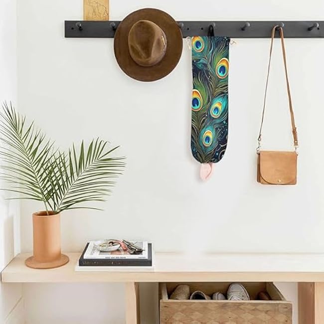 xigua Peacock Feathers Plastic Bag Holder Wall Mount with Drawstring 2 Pack, Reusable Grocery Bag Organizer Decor for Bags, Socks, Underwear, And Neckties