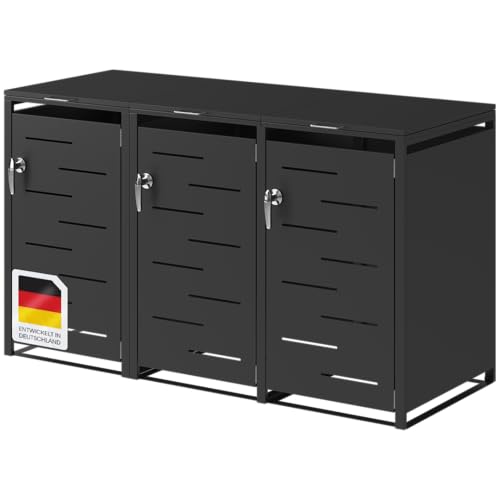 STEELSØN Diorus Mülltonnenbox 3er bis 240L abschließbar – Hochwertige Mülltonnenverkleidung für 3 Tonnen – Müllbox Stahl – Müllcontainer Schwarz - Mülltonnen Box wetterfest – Gerätebox mit Schloss