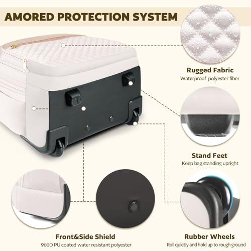 Rolling Backpack for women, 14.3 inch laptop bag backpack with wheels for large capacity, water resistant roller carry on backpack for travel business and college, Beige3