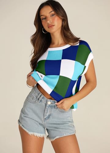 YEXIPO Womens Cap Sleeve Crop Tops Summer Color Block Crew Neck Lightweight Casual Knit Pullover Sweaters Trendy T Shirts4
