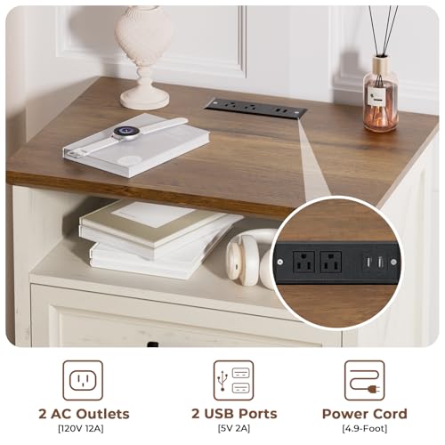 Image of HOMMPA 24'' Farmhouse Nightstand with Charging Station, Bedside Tables with AC Outlets & USB Port, 2 Drawers Side Table End Table with Open Shelf, Rustic Wood Night Stand for Bedroom, Rustic White