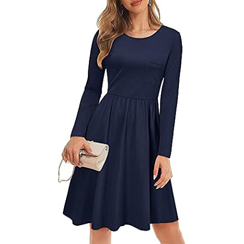 OUGES Womens Casual Dresses Long Sleeve Dress Knee Length Swing Dress(Navy01,XL) Cover
