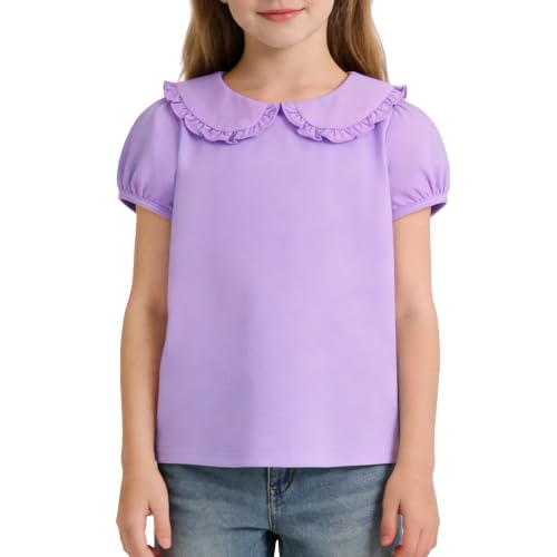 Image of Magic Park 12M-14Y Toddler Short Sleeve T-Shirt Girls Ruffle Blouse Kids Solid Color Tee Casual Tops Holiday Clothes