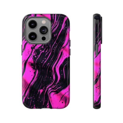 Coque iPhone 14 Pro motif rose fluo et noir au fini brillant protecteur