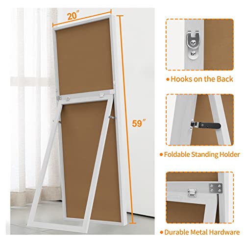 Image of NeuType 59 inchx20 inch Full Length Mirror with Standing Holder - Floor or Wall Mount Body Mirror for Bedroom Dressing - Hanging, Leaning Against Wall - White MDF Frame