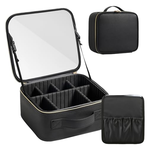メイクボックス 化粧ボックス 化粧箱 メイク収納 持ち運び 収納 鏡付き コスメ収納 大容量 手提げ 仕切り 防水 通勤 旅行 出張 便利 (ブラック, 25×23×12cm)