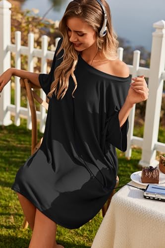 Image of Ekouaer Plus Size Nightgowns for Women Oversized Sleep Shirt Short Sleeve Nightshirt T-Shirt Dress Sleepwear S-5XL