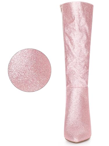 Allegra K Allegra K Women's Pointy Toe Sparkle Glitter Stiletto Heel Pink Knee High Boots 10 M US
