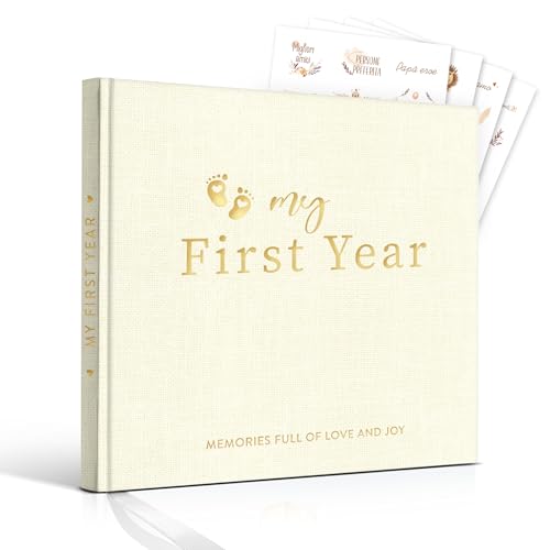 Baby Memory Book with Linen Cover My First Year Keepsake Album 84 Pages with Stickers Baby Journal for Boys and Girls (Linen beige)