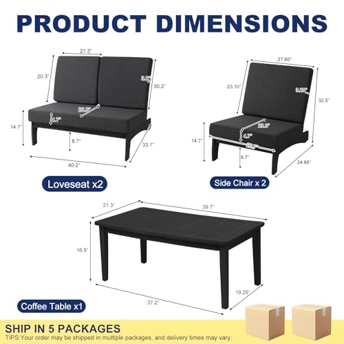 Image of Pia Ricoo 4 Piece Patio Furniture Sets, Outdoor Loveseat Sofa Set with 2 Chairs & Coffee Table, Patio Conversation Set for Backyard, Deck, Lawn, Drak, Dark Wood