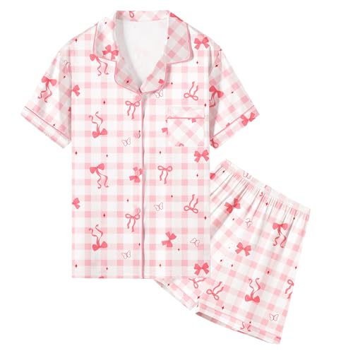 Image of Umeyda Women & Girls Pajamas Set, Soft Satin Lightweight Silk Button-Down Top with Shorts 2 Piece PJS for Mom Boys Kids Gifts