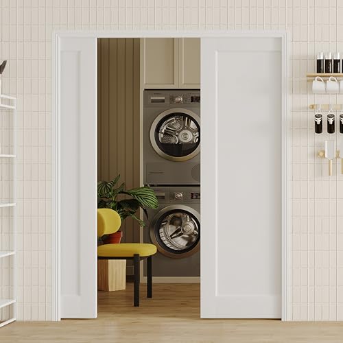 Image of Sliding Pocket Door, 64 inch(2 x 32) x 80 inch, 1-Panel Core with Frame and Hardware Kit Set, Interior Doors for Pocket Door, White Primed - No Panel Assembly Required