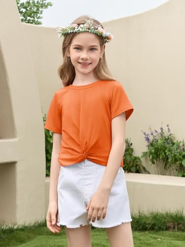Image of Haloumoning Girls Short Sleeve T Shirts Kids Summer Twist Front Crop Tops Fashion Tees 5-14 Years
