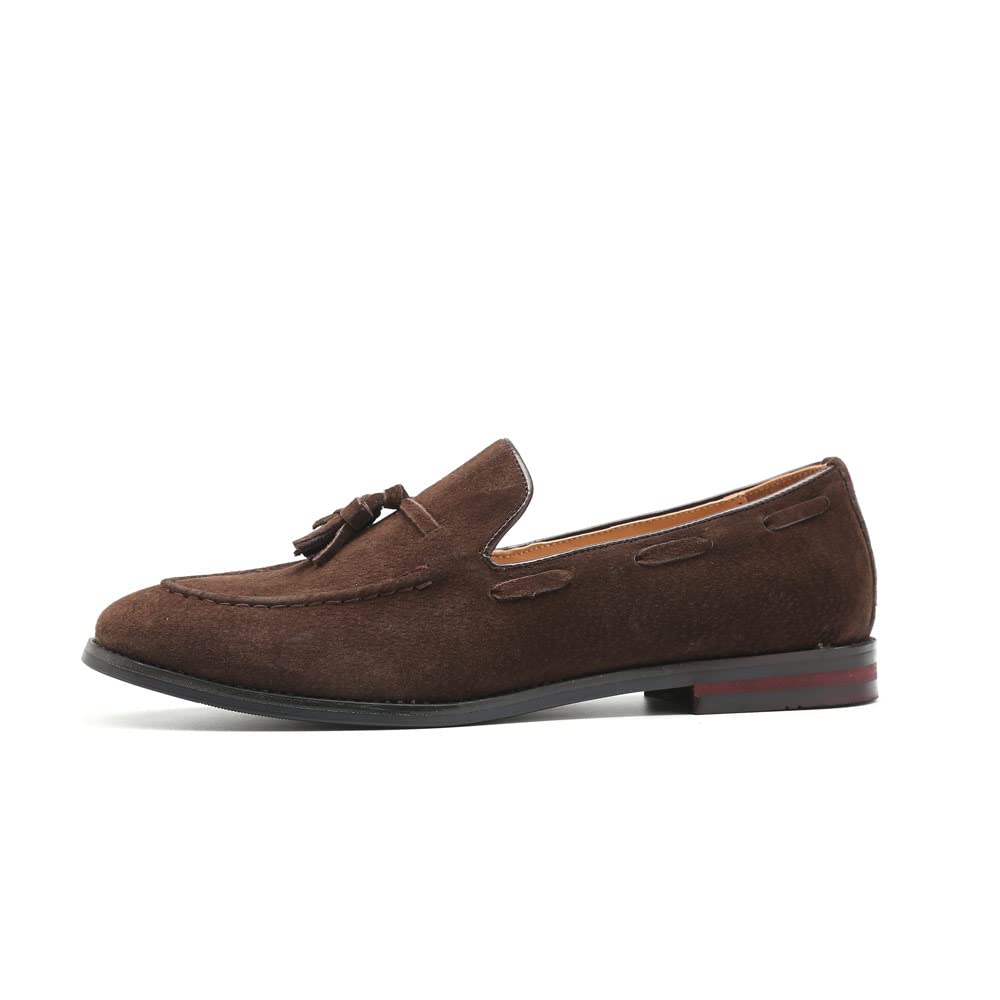 MANLADUO Mocasines de piel de ante para hombre, estilo británico, con borlas y diseño sin cordones