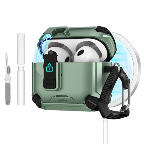 Dteck Apple AirPods Pro 3(��3����A2025�N����)�p ���C�P�[�X �L�[�`�F�[���ƃN���[�j���O�L�b�g�t�� ���S�ȃ��b�N�N���b�v MagSafe�Ή� �ی�y�ʃn�[�h�V�F���w�b�h�z���J�o�[ �O���[��