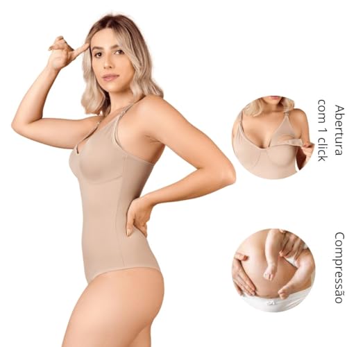 Body Modelador de Amamentação Pós-Parto Cirúrgico Sem Bojo Bege M