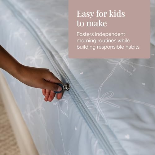 Image of Beddy's Ribbon & Bow Theme Durable Zipper Bedding for Kids - Bed in a Bag - White Striped Sheets with Baby Blue Comforter - Includes 2 Pillowcases & 2 Shams - Full