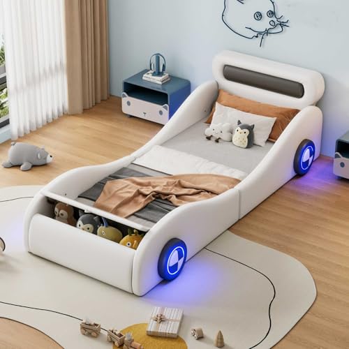 YEHTOKHOME Lits rembourrés 90x200cm Enfants Forme de Voiture,Multifonctionnels lit Simples avec Roues éclairées et Espace de Rangement,PU(sans Matelas)...